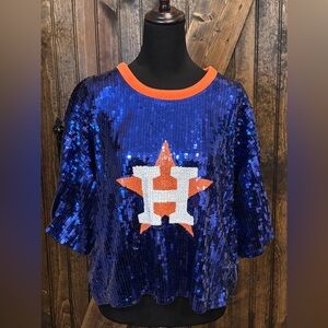 Blue Astros Sequin Crop Top with Orange and White Star Logo